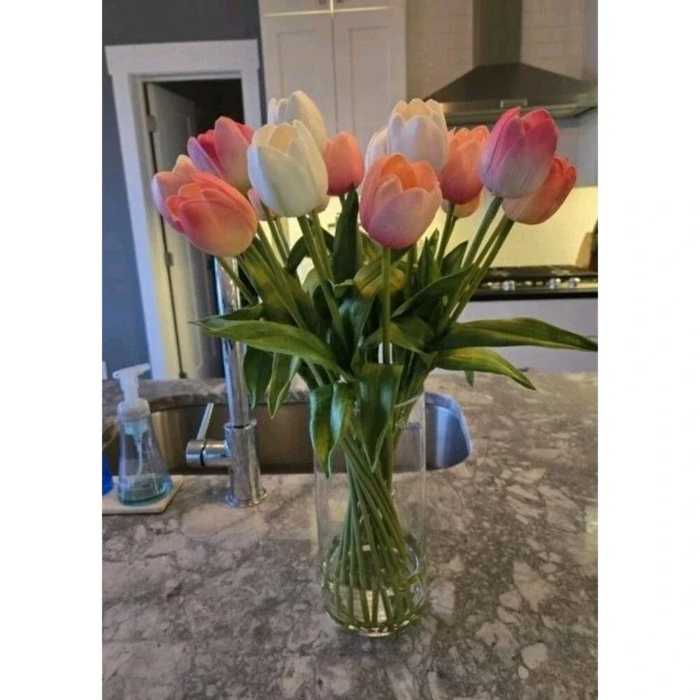 TULIPS FAKE ARTIFICIAL FLOWER FLORAL ARRANGEMENT SILK FLOWERS CERAMIC VASE NEW